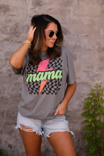 Mama Checkered Lightning Bolt Tee