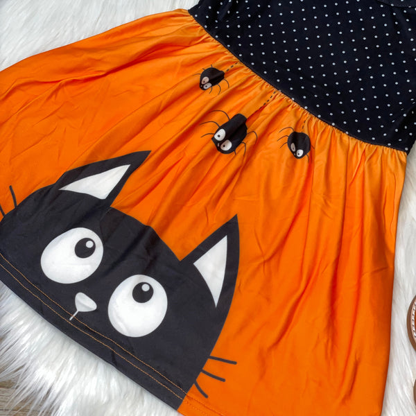 Peeking Black Cat Printed Halloween Dress