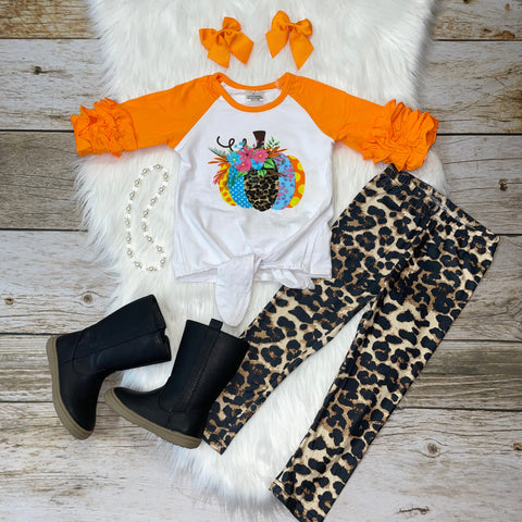 Pumpkin Ruffle Raglan with Leopard Print Leggings