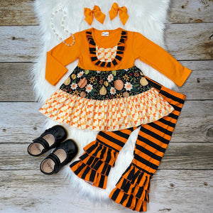 Orange & Brown Fall Ruffle Tunic with Stripe Pants