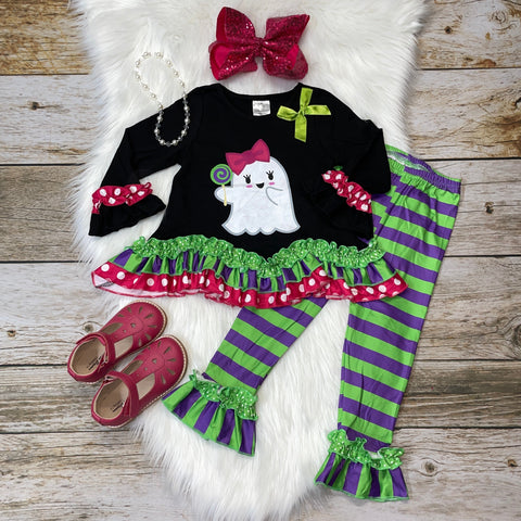 Black Ruffle Ghost Tunic with Green & Purple Stripe Pants