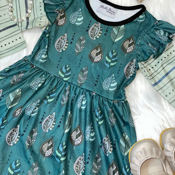 Teal Fall Leaves Print Long Sleeve Dress