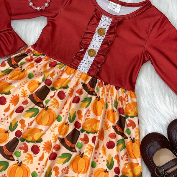 Thanksgiving Print Cranberry Long Sleeve Dress