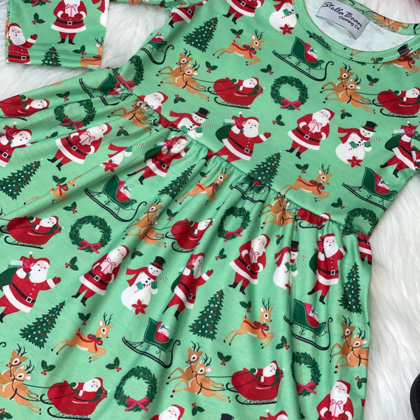 Green Santa's Sleigh and Reindeer Printed Long Sleeve Dress