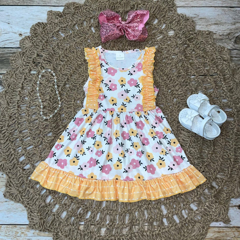 Yellow & Pink Floral Sleeveless Ruffle Dress