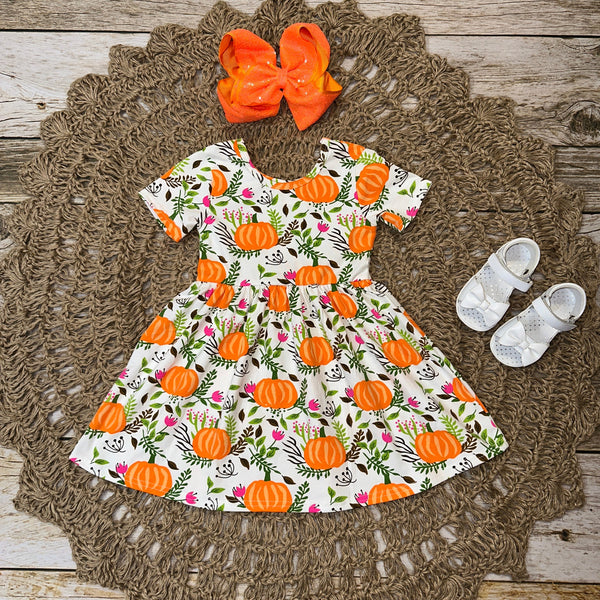 Pumpkin Fall Floral Short Sleeve Dress