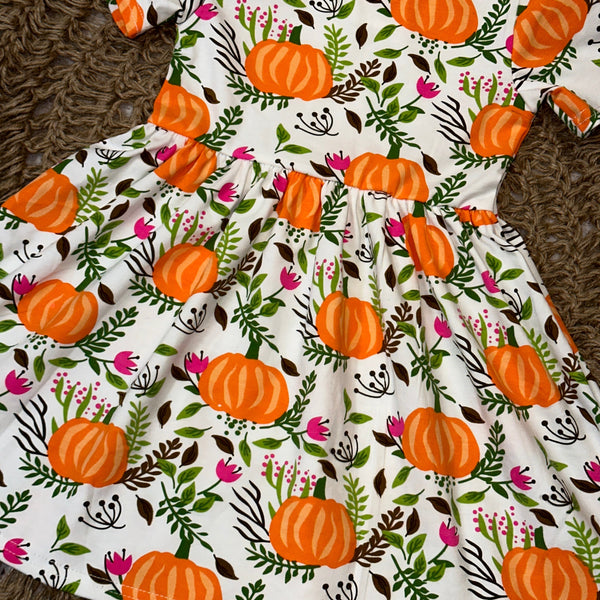 Pumpkin Fall Floral Short Sleeve Dress