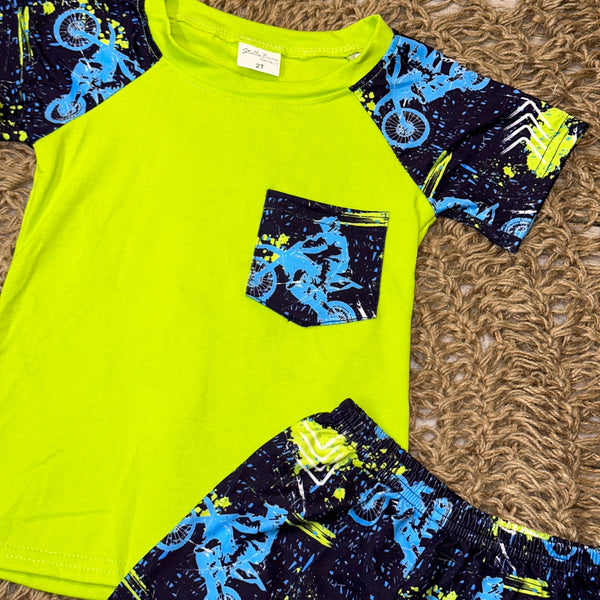 Lime Green Motocross Pocket Raglan and Shorts Set