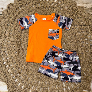 Orange Shark Print Pocket Raglan and Shorts Set