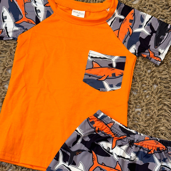 Orange Shark Print Pocket Raglan and Shorts Set