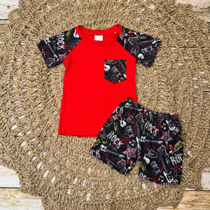 Red Rock n' Roll Print Pocket Raglan and Shorts Set