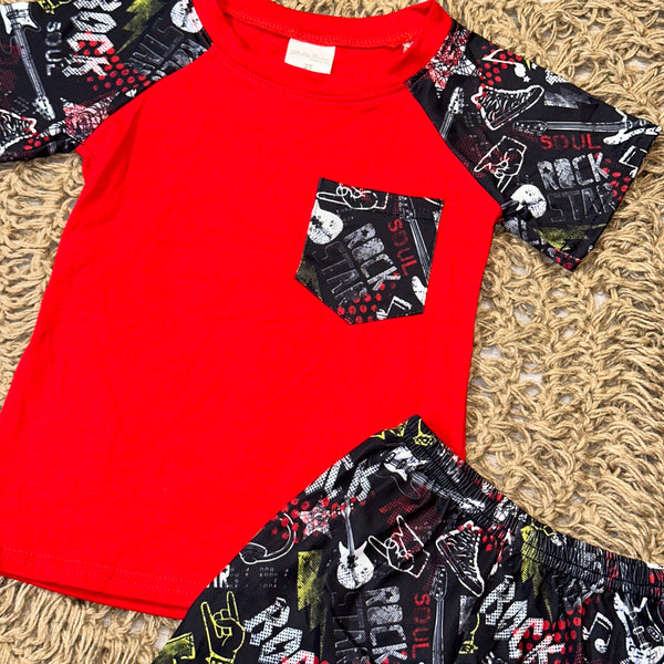 Red Rock n' Roll Print Pocket Raglan and Shorts Set