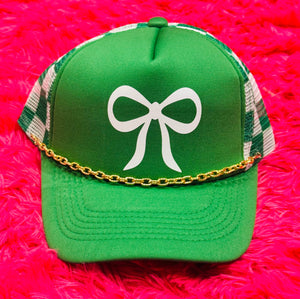White Bow Green Checkered Trucker Hat