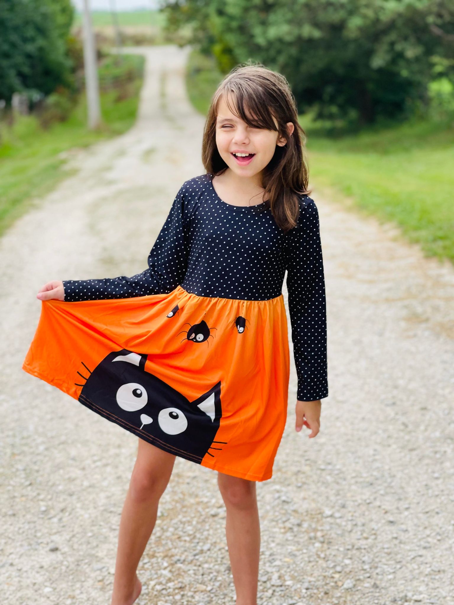 Peeking Black Cat Printed Halloween Dress