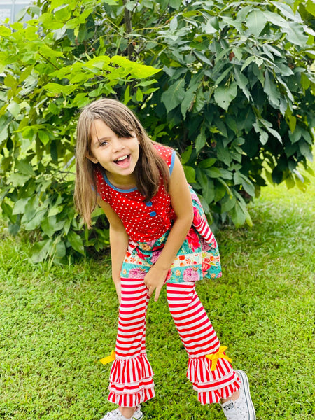 Red Floral Pocket Tunic Striped Pants Set