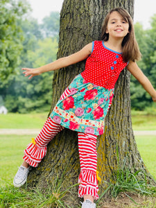 Red Floral Pocket Tunic Striped Pants Set