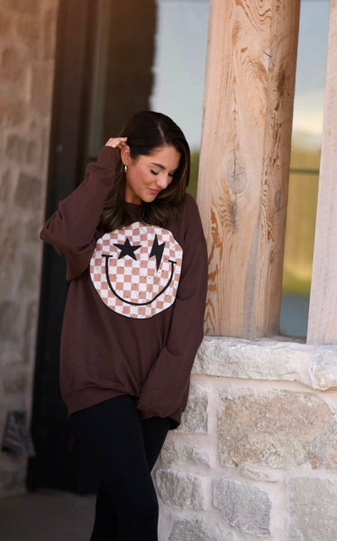 Star & Lightning Bolt Checkered Smiley Sweatshirt