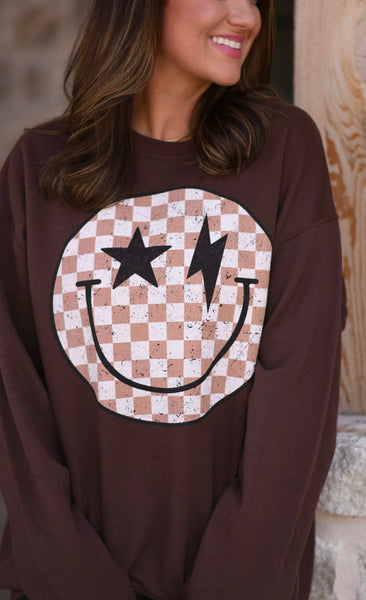 Star & Lightning Bolt Checkered Smiley Sweatshirt