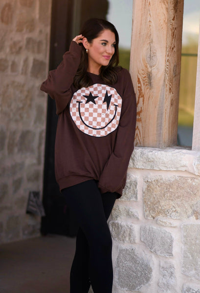 Star & Lightning Bolt Checkered Smiley Sweatshirt