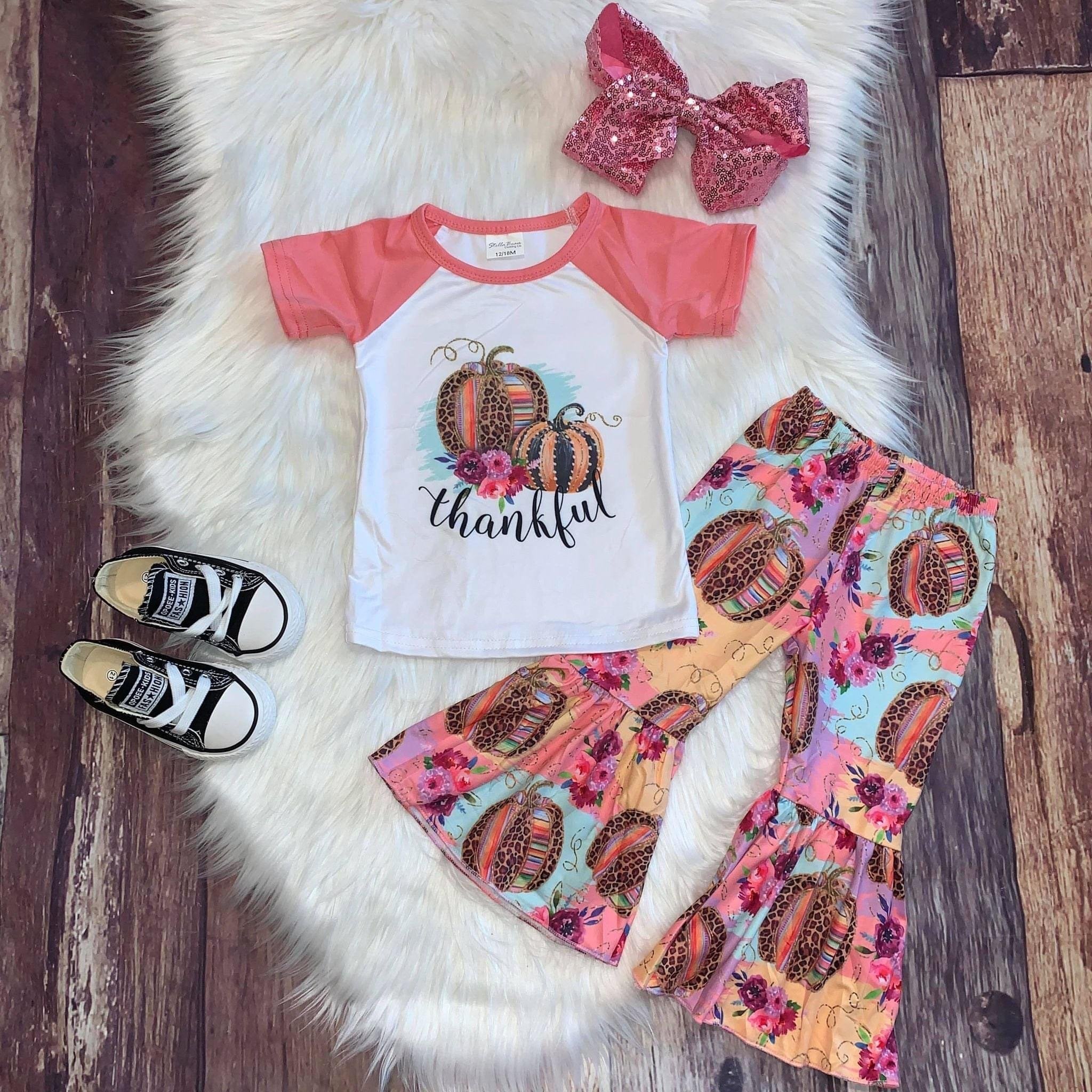 Thankful Leopard Pumpkin Raglan and Bells Set