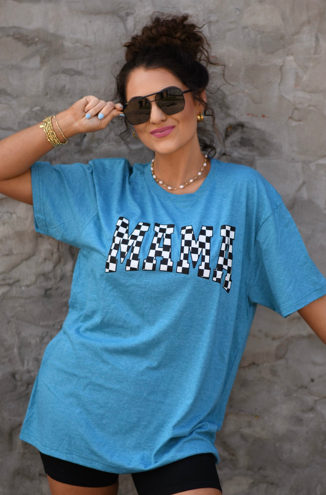 Blue Checkered Mama Tee