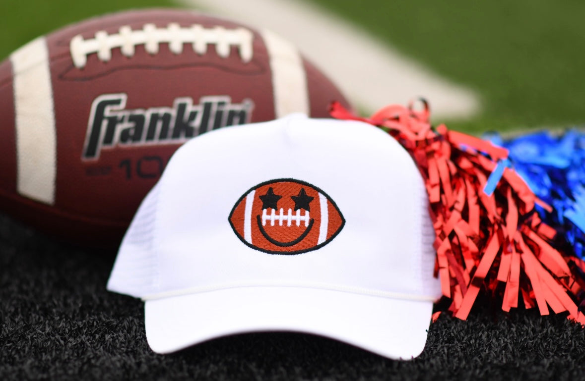 Starry Eyed Football Smiley white on white trucker hat