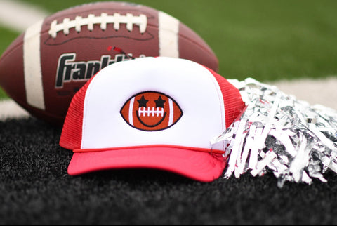 Starry Eyed Football Smiley red & white trucker hat