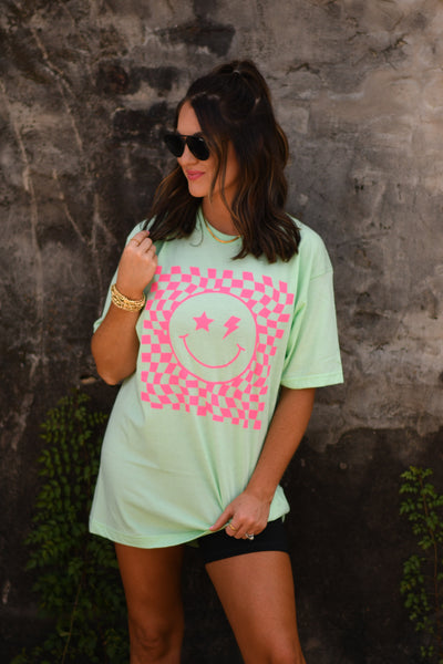 Checkered Lime & Hot Pink Smiley tee