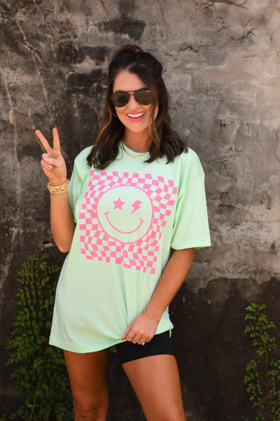 Checkered Lime & Hot Pink Smiley tee