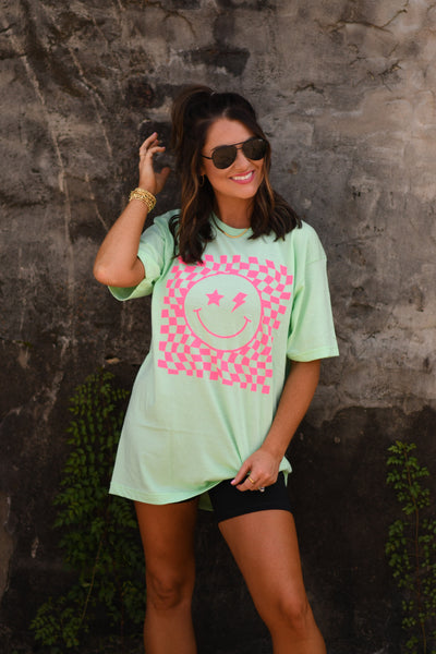 Checkered Lime & Hot Pink Smiley tee