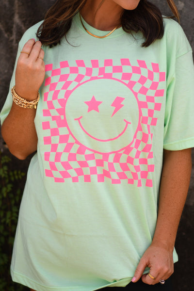 Checkered Lime & Hot Pink Smiley tee