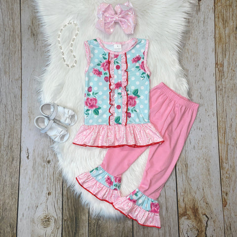 Pink and Aqua Floral Sleeveless Tunic & Pants Set