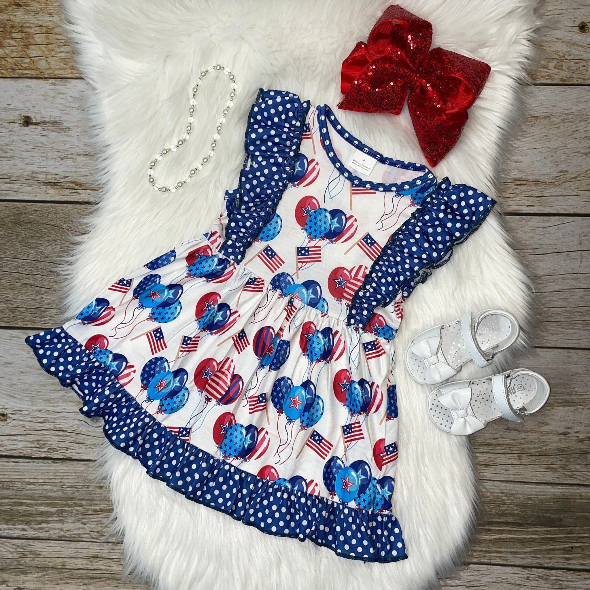 Americana Balloons and Flags Printed Flutter Sleeve Dress